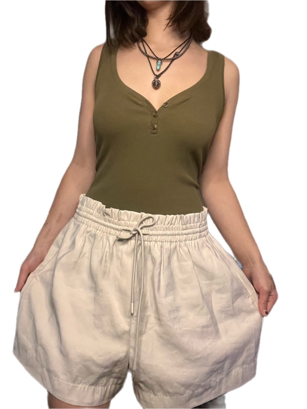 Dynamite Size L Olive Green Ribbed Henley Tank + Ivory Drawstring Shorts Set